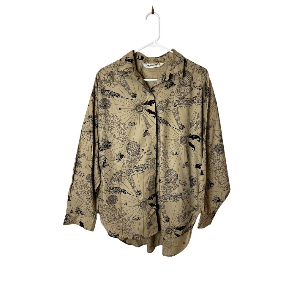 Diane Von Furstenberg Gray Ocean Cartography Button Down Linen Shirt XL